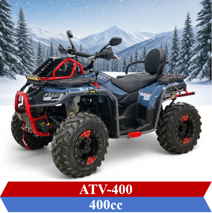 ATV-400 400cc all-terrain vehicle with rugged tires, front bumper guard, and passenger seat for snow and mountain riding
