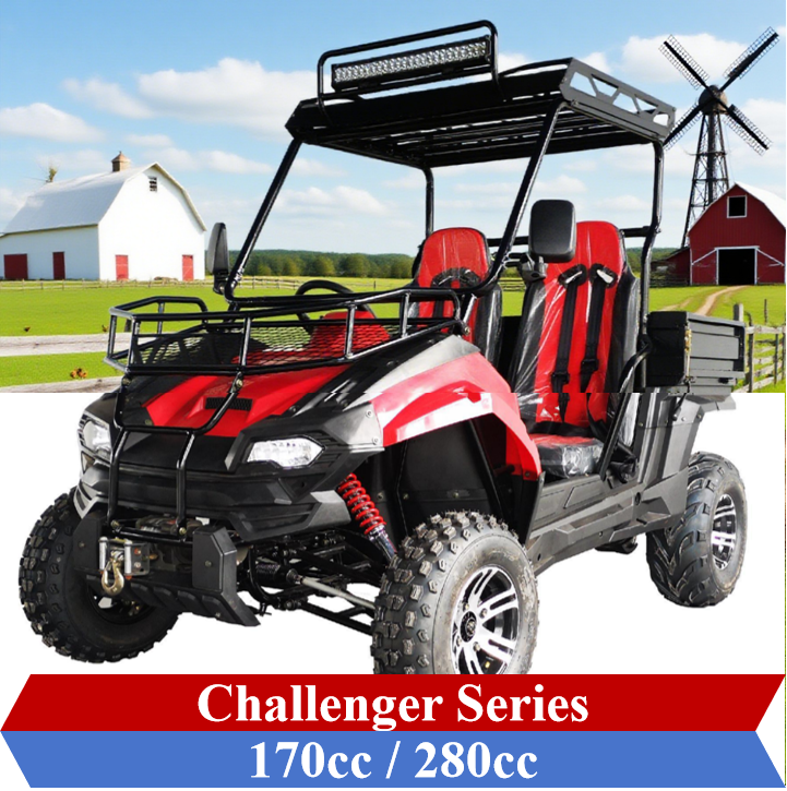 Challenger Series UTV with 170cc / 280cc engine, off-road utility vehicle with roof rack, dual seats, and cargo bed for farm and recreation