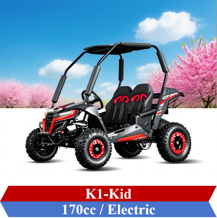 K1-Kid 170cc and electric kids UTV with safety seats, roll cage, and off-road tires for young riders
