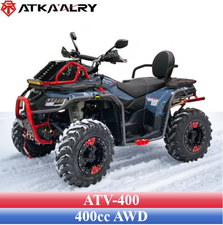 ATV-400 400cc all-terrain vehicle with rugged tires, front bumper guard, and passenger seat for snow and mountain riding