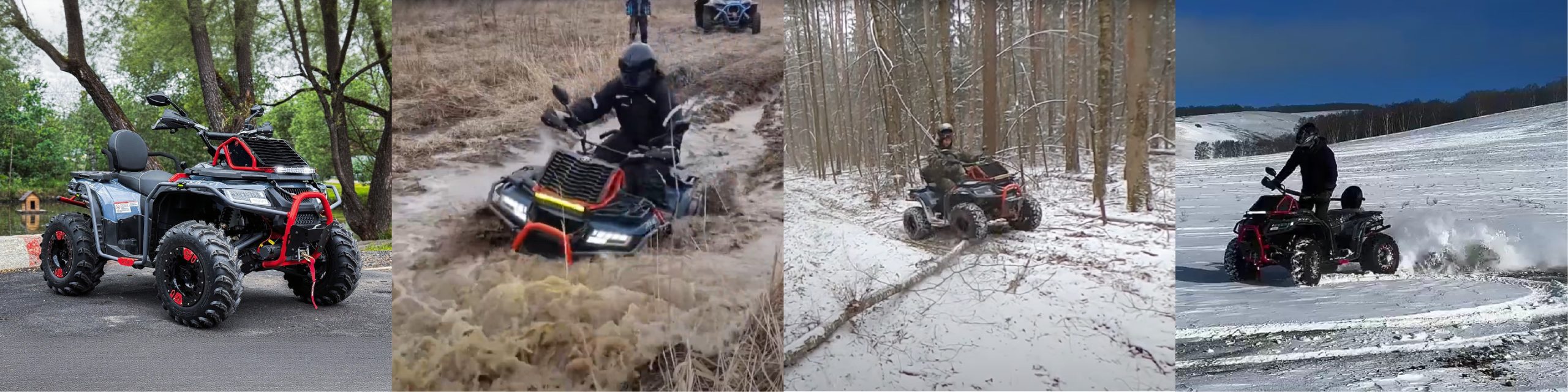 ATV-400 400cc all-terrain vehicle with rugged tires, front bumper guard, and passenger seat for snow and mountain riding